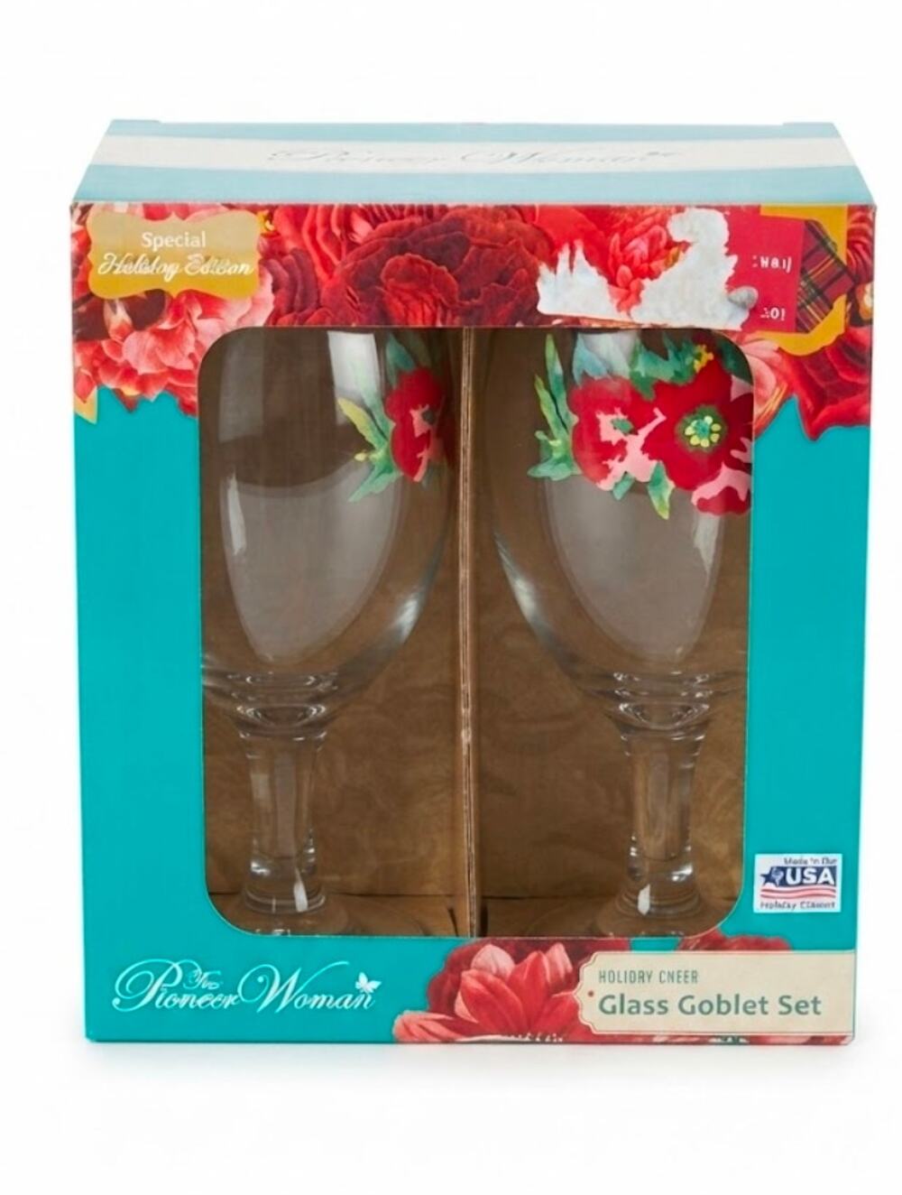Pioneer Woman Christmas Holiday Cheer 14oz Set Of 4 Wine Goblet Glasses In Box